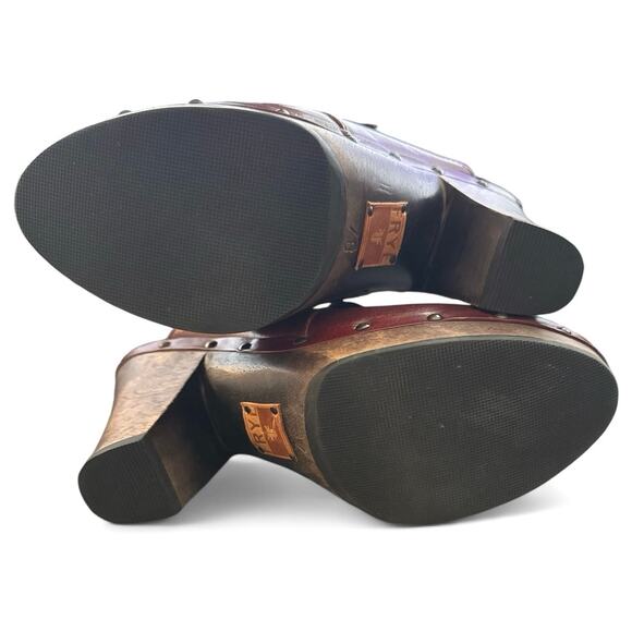 Frye Ella Clogs Stud Burgundy Leather Shearling Wood High Heels Womens 7 - Picture 6 of 8